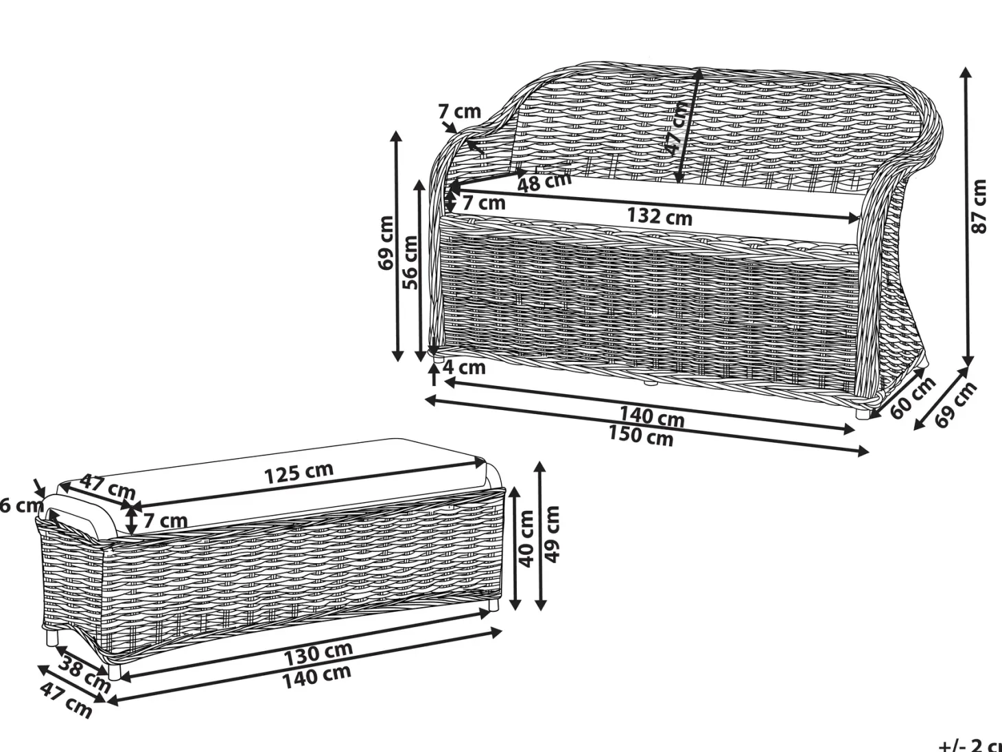 Ławka ogrodowa z poduchą SUSUA 150 cm z otomaną Rattan Naturalny