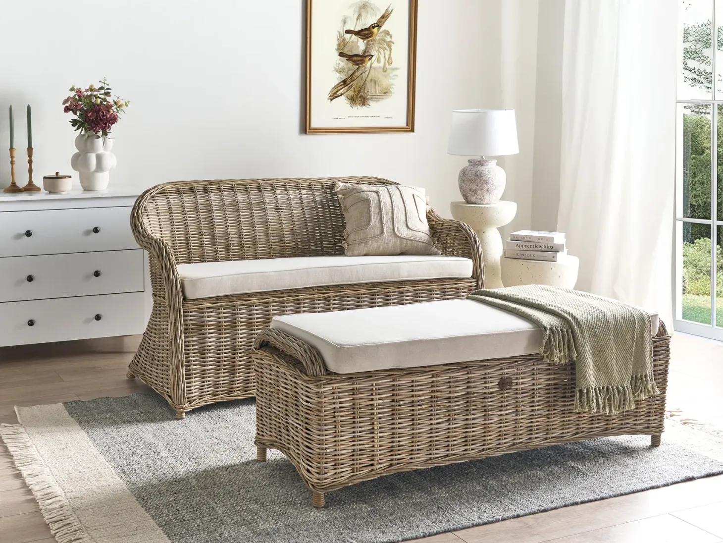 Ławka ogrodowa z poduchą SUSUA 150 cm z otomaną Rattan Naturalny