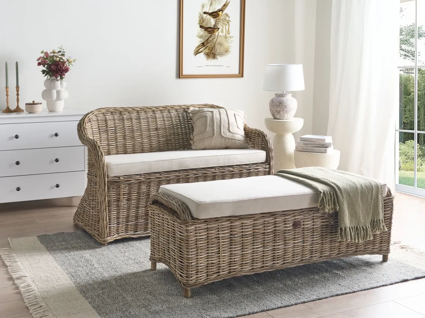Ławka ogrodowa z poduchą SUSUA 141 cm z otomaną Rattan Naturalny