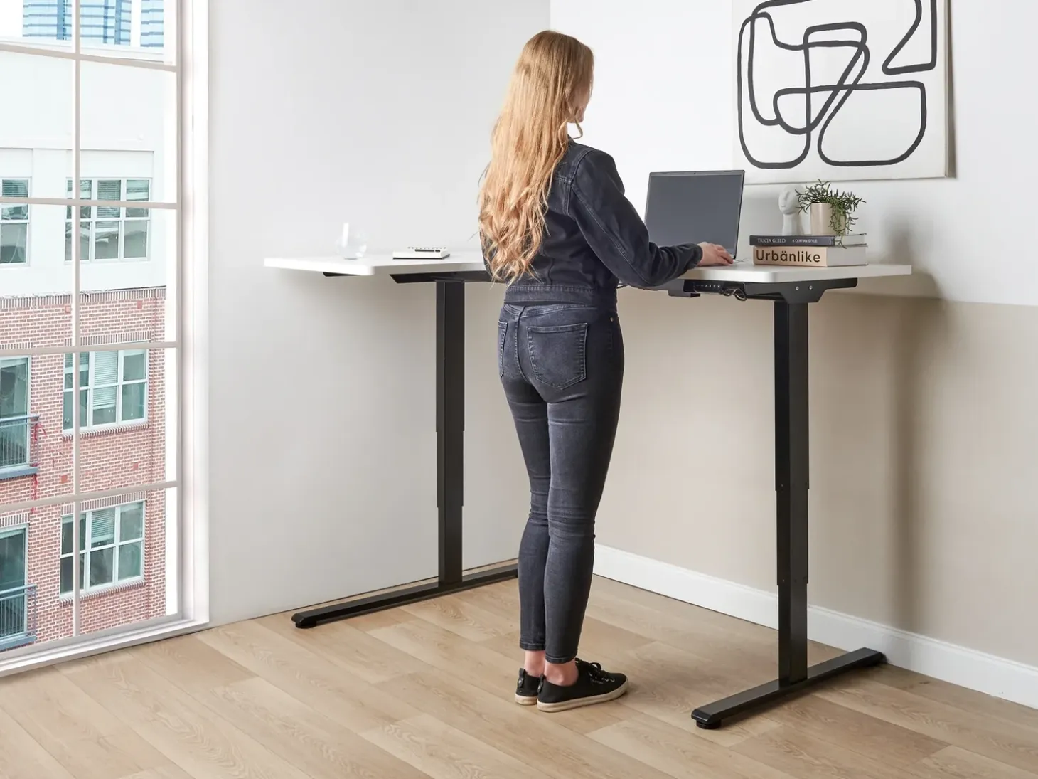 New Biurko narożne regulowane elektrycznie DESTINES Biały/ czarny 160 cm 109 cm Wszystkie Biurka|Biurka Z Regulacją Wysokości