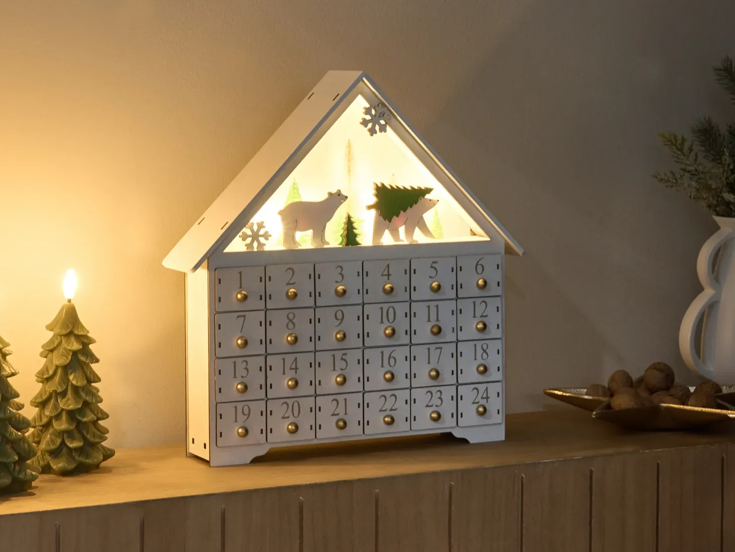 Dekoracja świąteczna LED MJOSA Kalendarz adwentowy 33 cm Biały