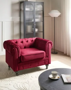 Outlet CHESTERFIELD Welur Burgundowy Wszystkie Fotele|Fotele Tapicerowane