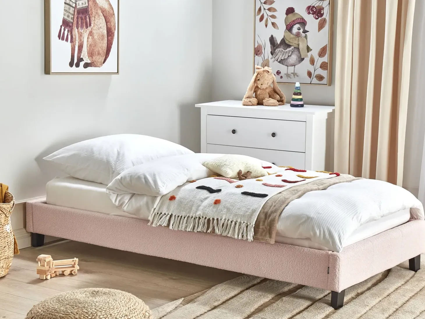 Discount Łóżko bez zagłówka Boucle ROANNE 90 x 200 cm Pastelowy róż Łóżka Tapicerowane|Wszystkie Łóżka