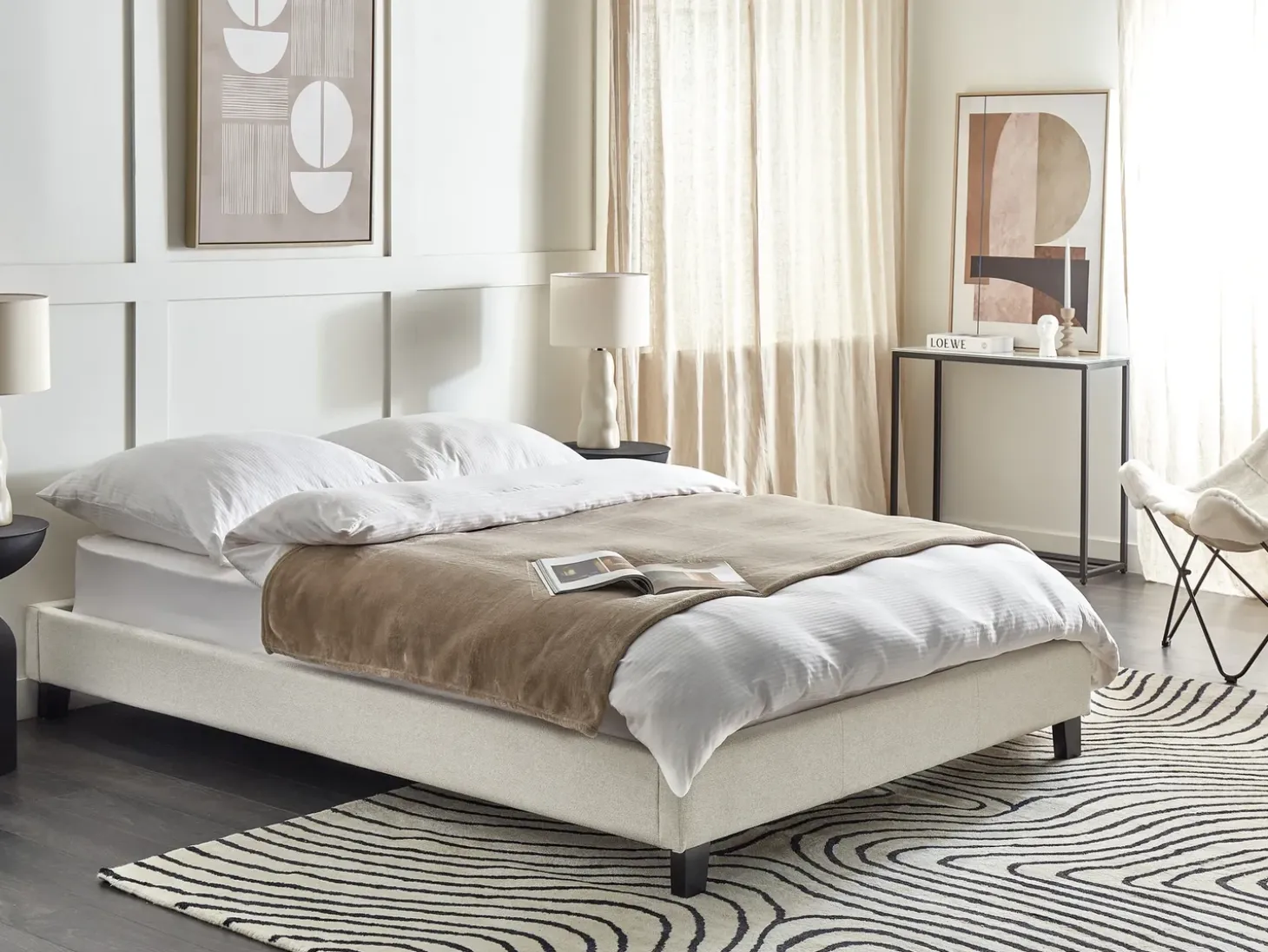 Discount Łóżko bez zagłówka ROANNE 140 x 200 cm Jasnobeżowy Łóżka Tapicerowane|Łóżka Podwójne