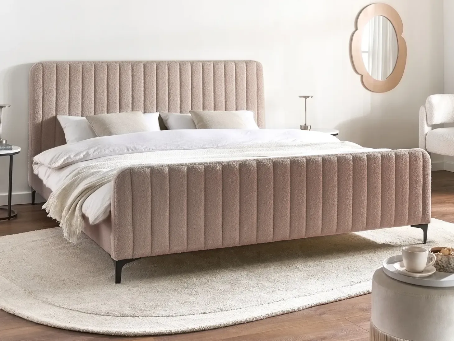 Online Boucle LUNAN 180 x 200 cm Beżowoszary Łóżka Tapicerowane|Łóżka Podwójne