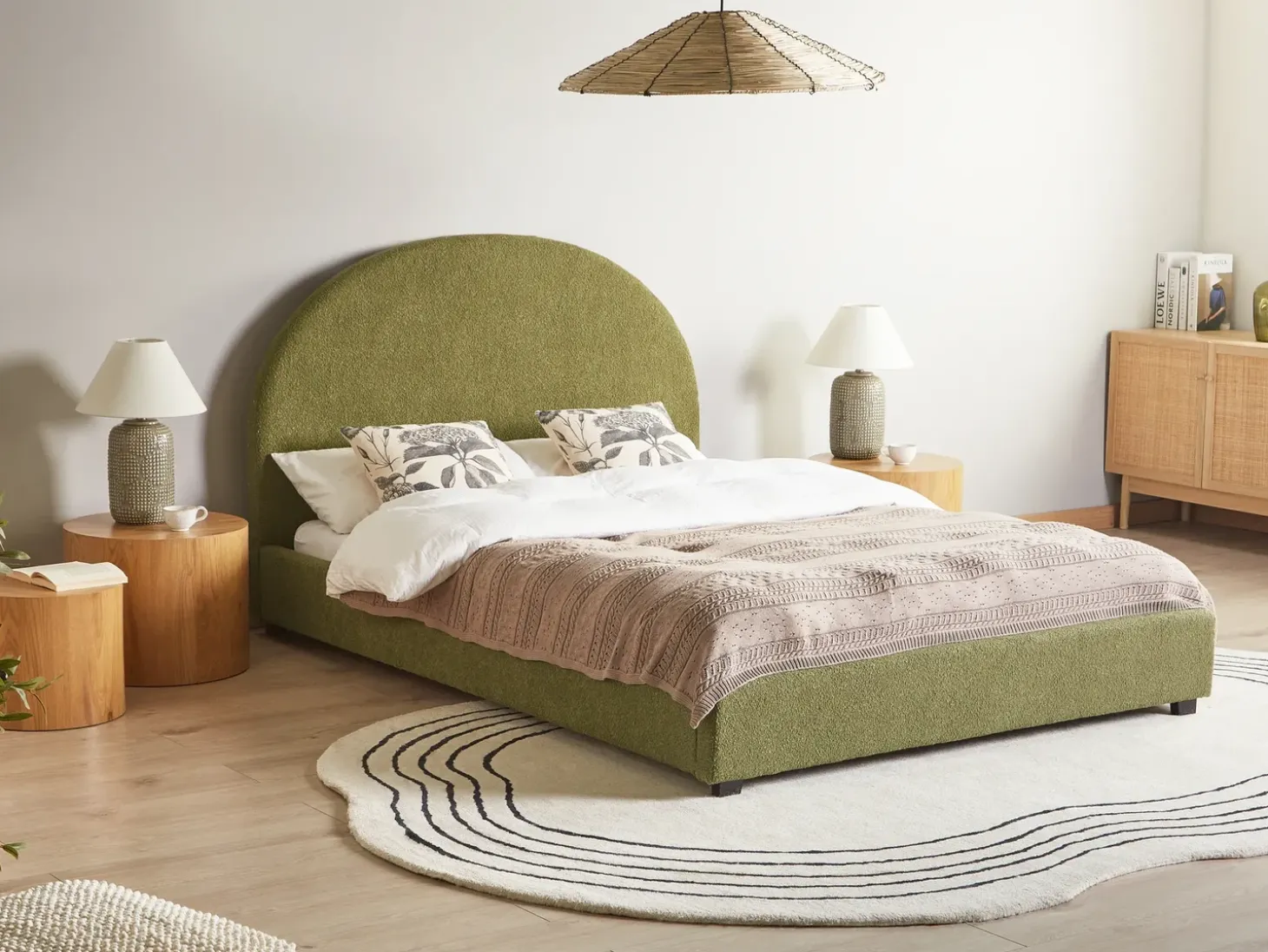 Clearance Boucle VAUCLUSE 140 x 200 cm Oliwkowy Łóżka Tapicerowane|Łóżka Podwójne