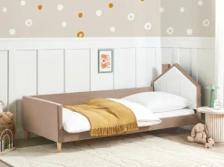 Outlet Łóżko dziecięce Domek Welur KERVAN 90 x 200 cm Jasnobrązowy Dzieci Wszystkie Meble I Akcesoria Dziecięce|Łóżka Tapicerowane