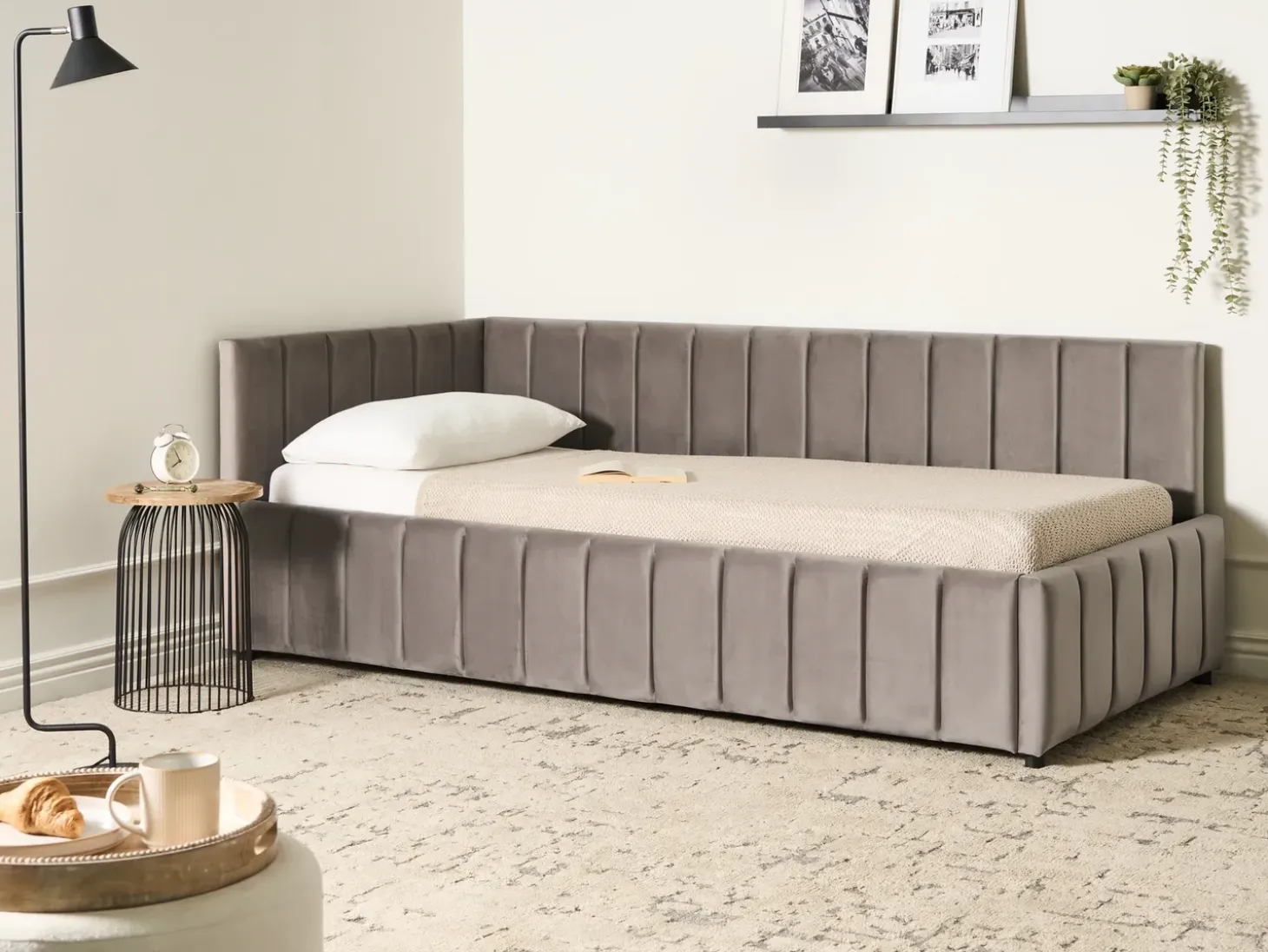 Clearance Łóżko dzienne Welur LISIEUX 90 x 200 cm Beżowoszary Łóżka Tapicerowane|Łóżka Wysuwane I Dzienne
