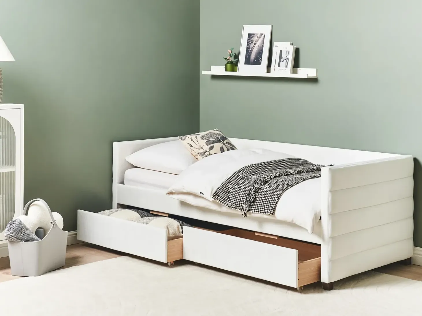 Discount Łóżko dzienne z szufladami MARRAY Welur Złamana biel 90 x 200 cm Łóżka Tapicerowane|Łóżka Z Pojemnikiem