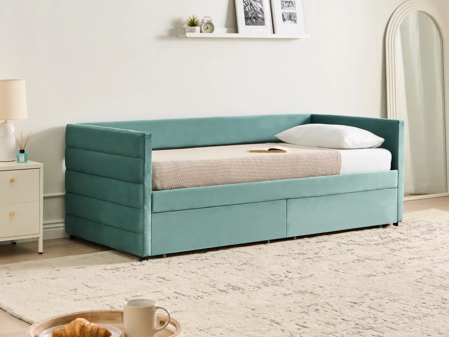 Outlet Łóżko dzienne z szufladami MARRAY Welur Miętowy 90 x 200 cm Łóżka Tapicerowane|Łóżka Wysuwane I Dzienne