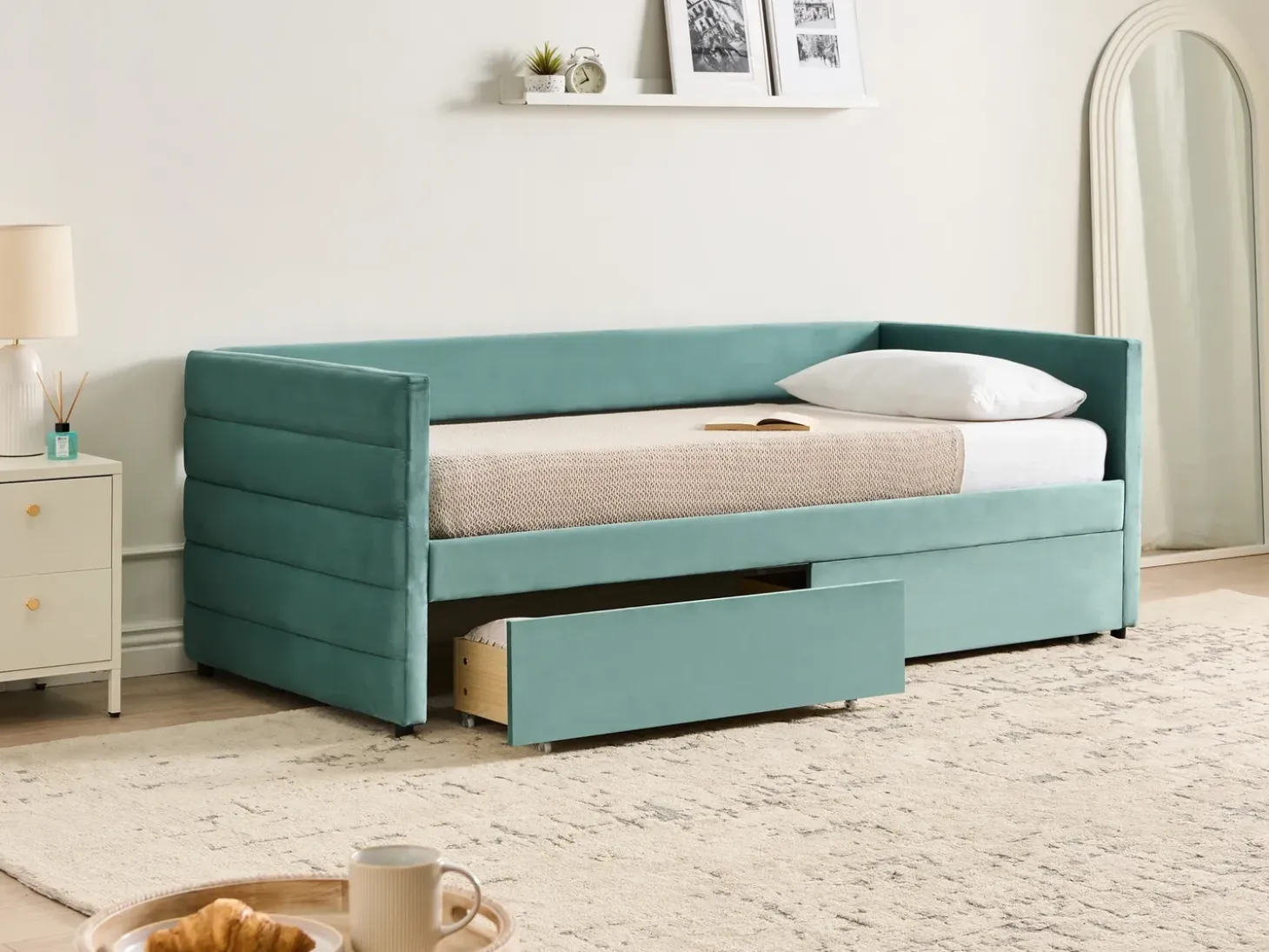 Outlet Łóżko dzienne z szufladami MARRAY Welur Miętowy 90 x 200 cm Łóżka Tapicerowane|Łóżka Wysuwane I Dzienne