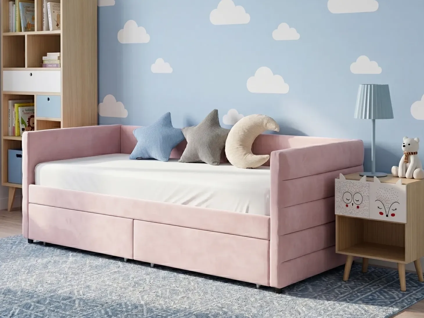 Outlet Łóżko dzienne z szufladami MARRAY Welur Pastelowy róż 90 x 200 cm Łóżka Tapicerowane|Łóżka Wysuwane I Dzienne