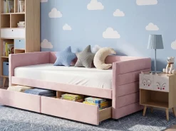 Outlet Łóżko dzienne z szufladami MARRAY Welur Pastelowy róż 90 x 200 cm Łóżka Tapicerowane|Łóżka Wysuwane I Dzienne