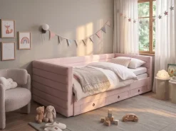 Discount Łóżko dzienne z szufladami Welur MEUDON 90 x 200 cm Pastelowy róż Dzieci Łóżka Wysuwane I Dzienne|Wszystkie Meble I Akcesoria Dziecięce