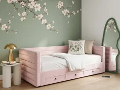 Discount Łóżko dzienne z szufladami Welur MEUDON 90 x 200 cm Pastelowy róż Dzieci Łóżka Wysuwane I Dzienne|Wszystkie Meble I Akcesoria Dziecięce
