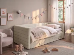 New Łóżko dzienne z szufladami Welur MEUDON 90 x 200 cm Złamana biel Dzieci Łóżka Wysuwane I Dzienne|Wszystkie Meble I Akcesoria Dziecięce