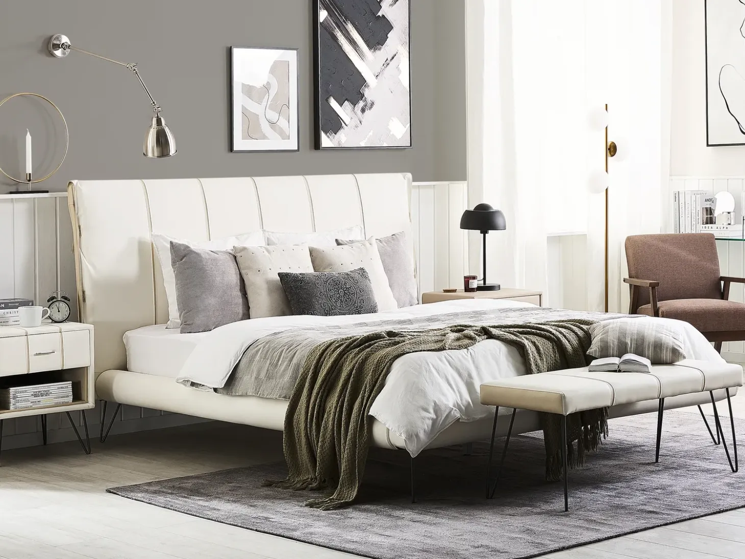 New Łóżko Ekoskóra BETIN 180 x 200 cm Jasno Łóżka Podwójne|Łóżka Skórzane