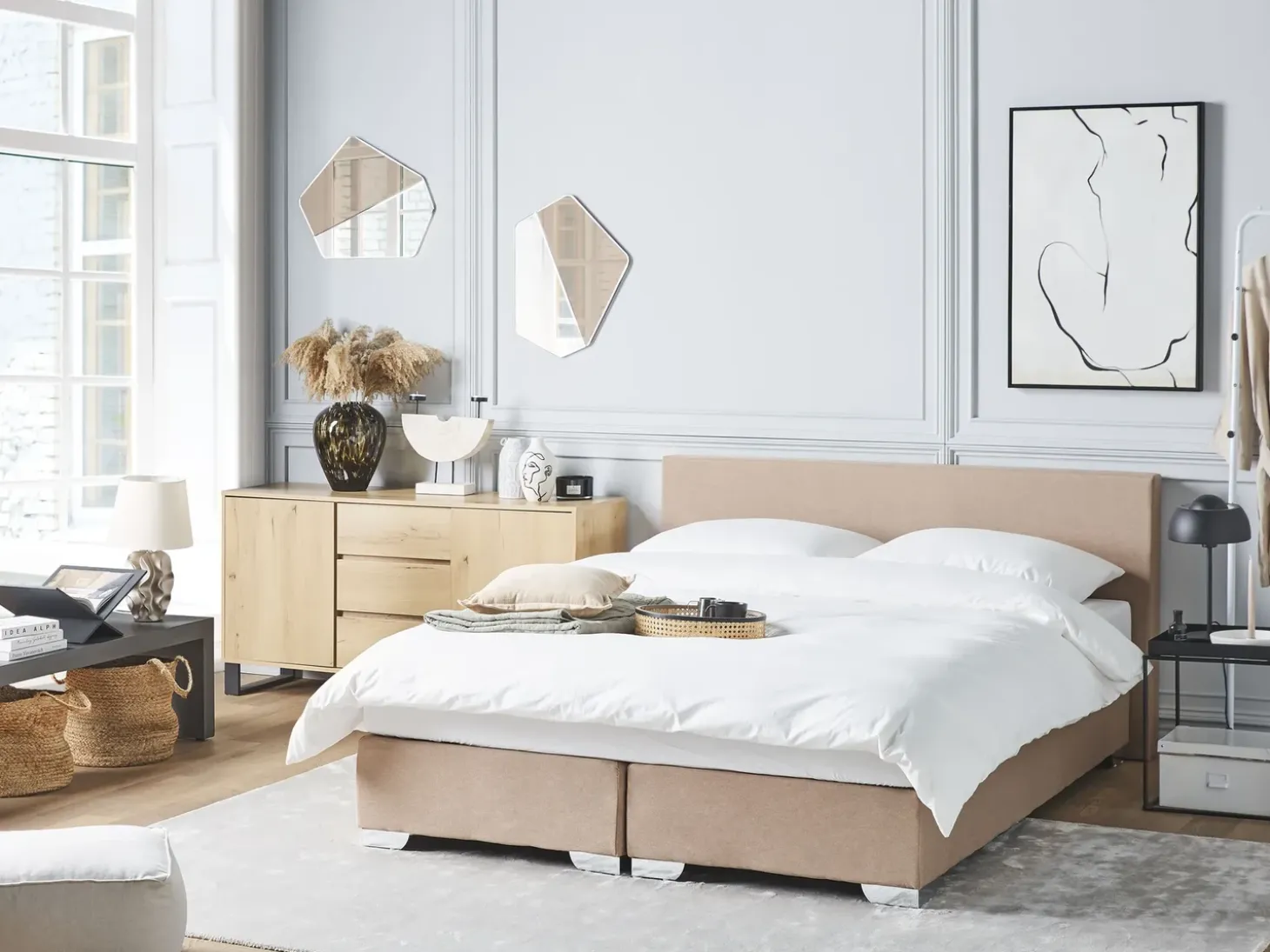 Outlet Łóżko kontynentalne PRESIDENT 160 x 200 cm Beżowy Łóżka Tapicerowane|Łóżka Podwójne