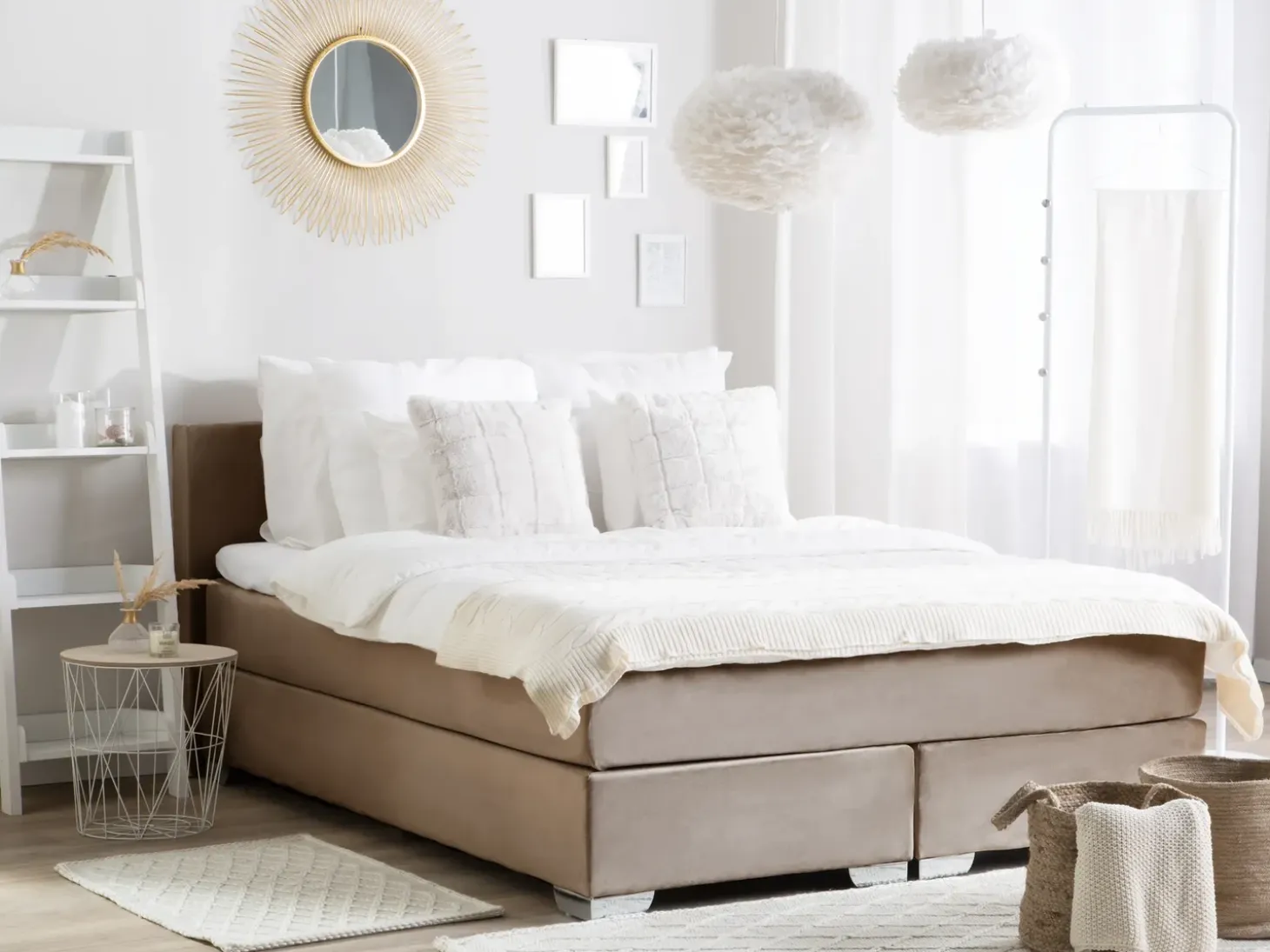 Discount Łóżko kontynentalne Welur CONSUL 180 x 200 cm Jasnobeżowy Łóżka Tapicerowane|Łóżka Podwójne
