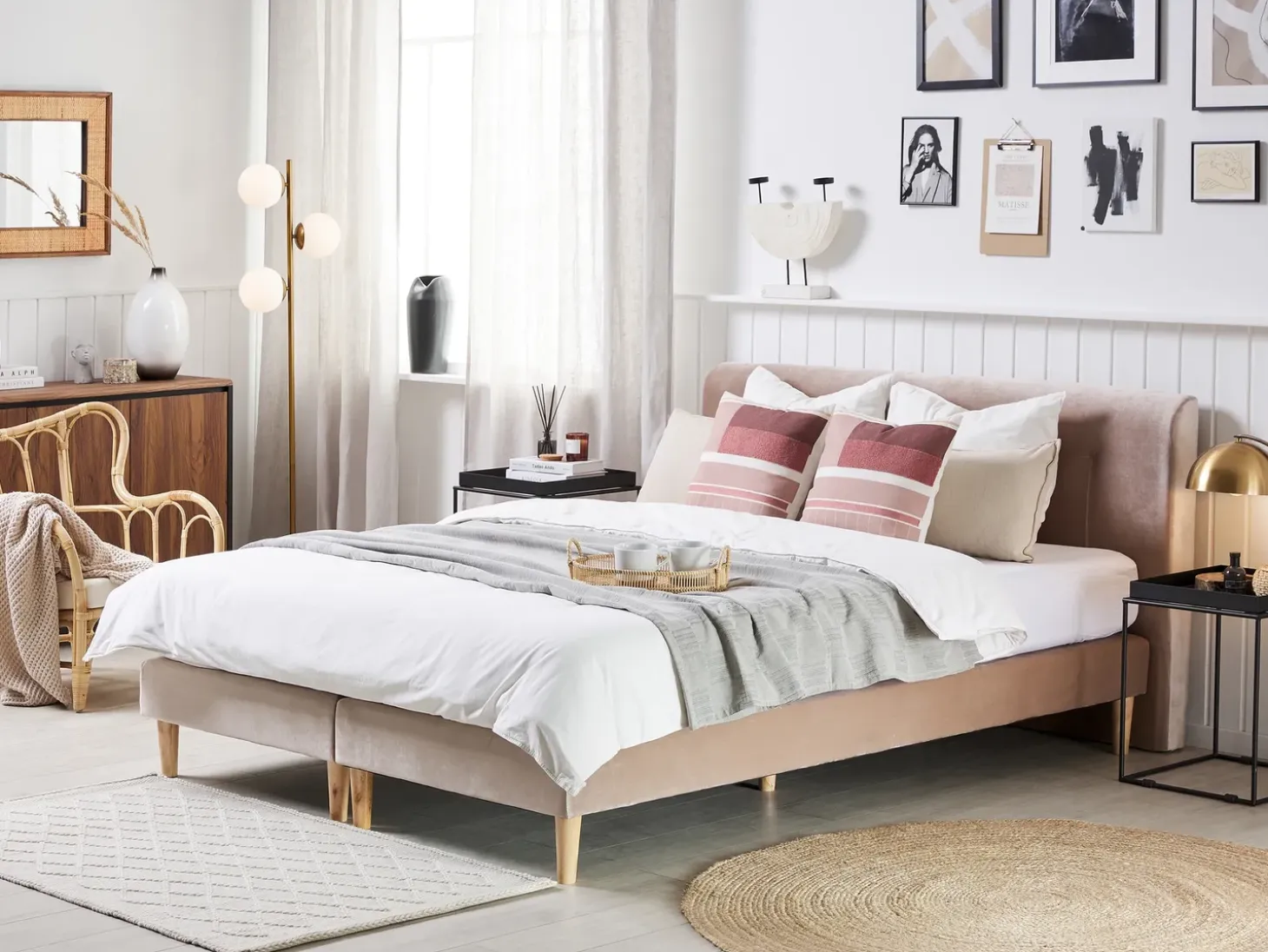 Outlet Łóżko kontynentalne Welur MARQUISE 180 x 200 cm Beżowy Łóżka Tapicerowane|Łóżka Podwójne
