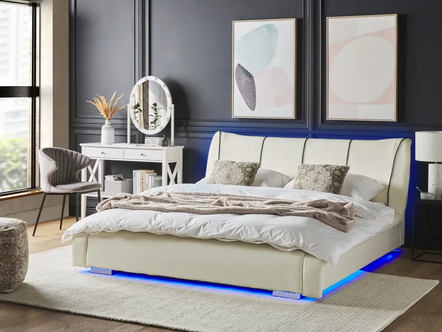 Sale Skóra naturalna NANTES 140 x 200 cm LED Złamana biel Łóżka Podwójne|Łóżka Skórzane
