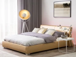 Outlet Skóra naturalna PARIS 180 x 200 cm LED Złoty Łóżka Podwójne|Łóżka Skórzane