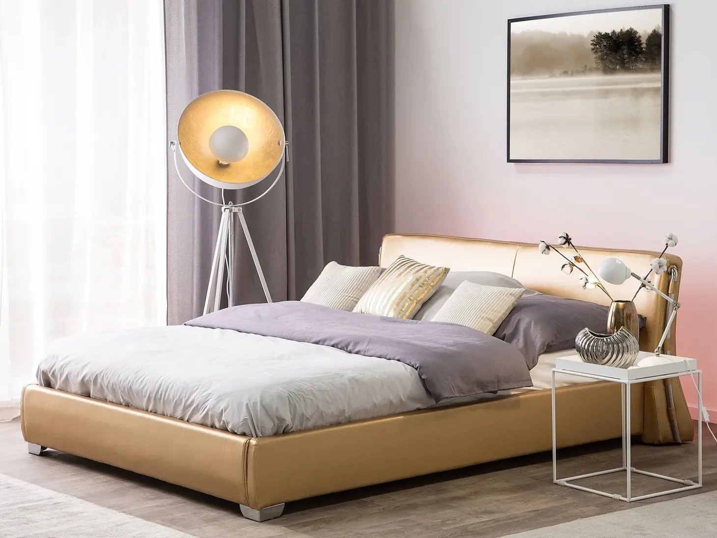 Outlet Skóra naturalna PARIS 180 x 200 cm LED Złoty Łóżka Podwójne|Łóżka Skórzane