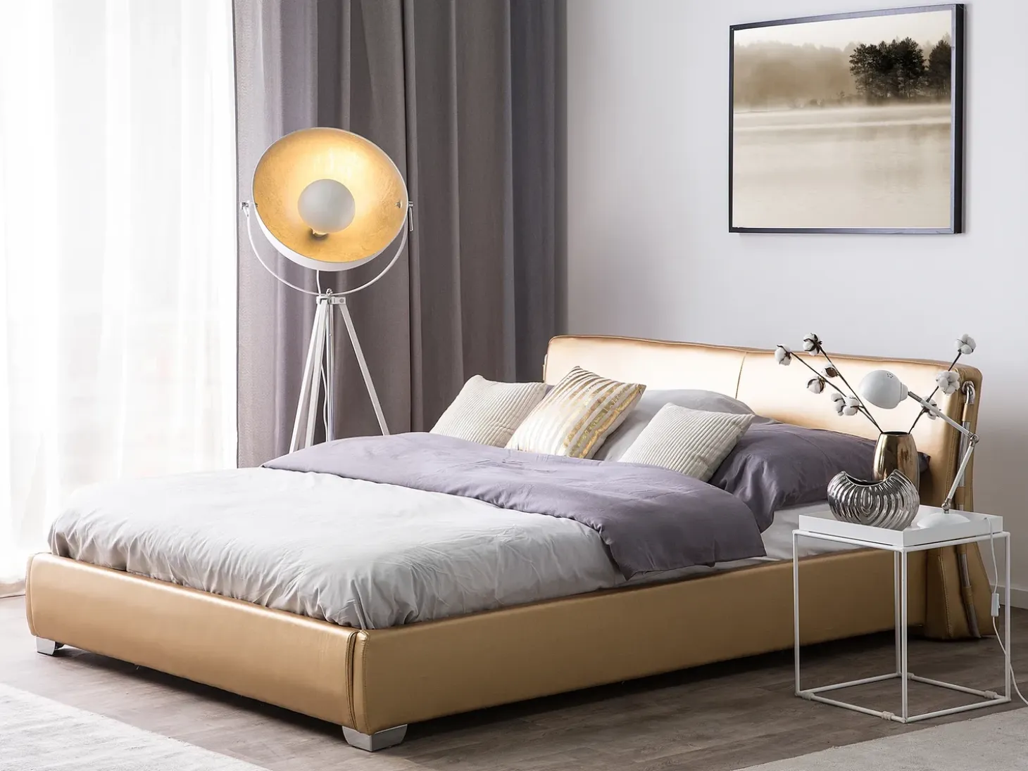 Outlet Skóra naturalna PARIS 180 x 200 cm LED Złoty Łóżka Podwójne|Łóżka Skórzane