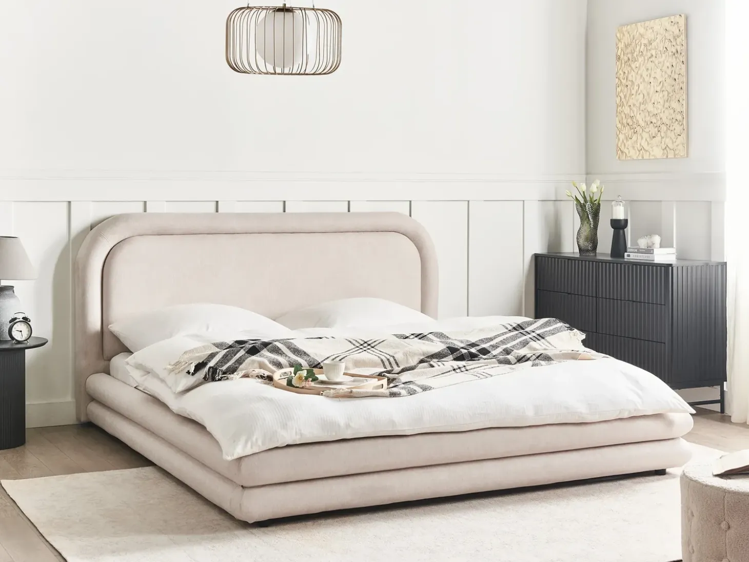 Sale Len syntetyczny LAVARDENS 180 x 200 cm Jasnobeżowy Łóżka Tapicerowane|Łóżka Podwójne