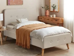 Łóżko Len syntetyczny RENNES 90 x 200 cm Jasnobeżowy Łóżka Tapicerowane|Łóżka Pojedyncze