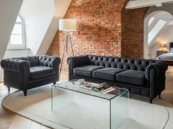 Outlet Komplet wypoczynkowy dla 4 osób CHESTERFIELD Welur Czarny Sofy Tapicerowane|Kolekcje Sof