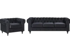Outlet Komplet wypoczynkowy dla 4 osób CHESTERFIELD Welur Czarny Sofy Tapicerowane|Kolekcje Sof