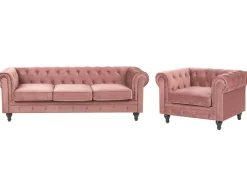 Outlet Komplet wypoczynkowy dla 4 osób CHESTERFIELD Welur Różowy Sofy Tapicerowane|Kolekcje Sof