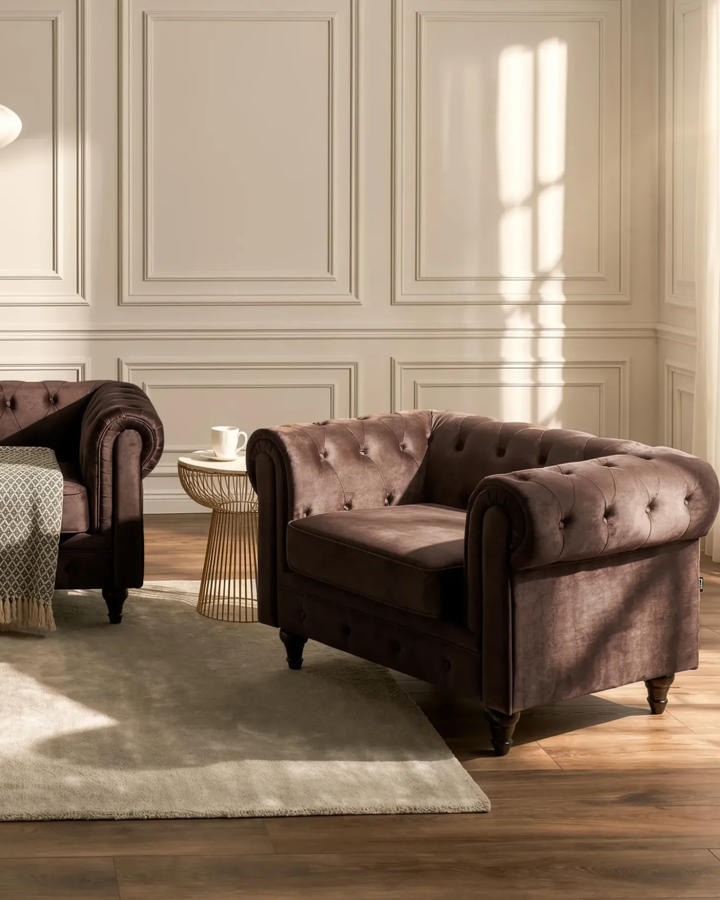 Outlet Komplet wypoczynkowy dla 4 osób CHESTERFIELD Welur Ciemnobrązowy Sofy Tapicerowane|Kolekcje Sof