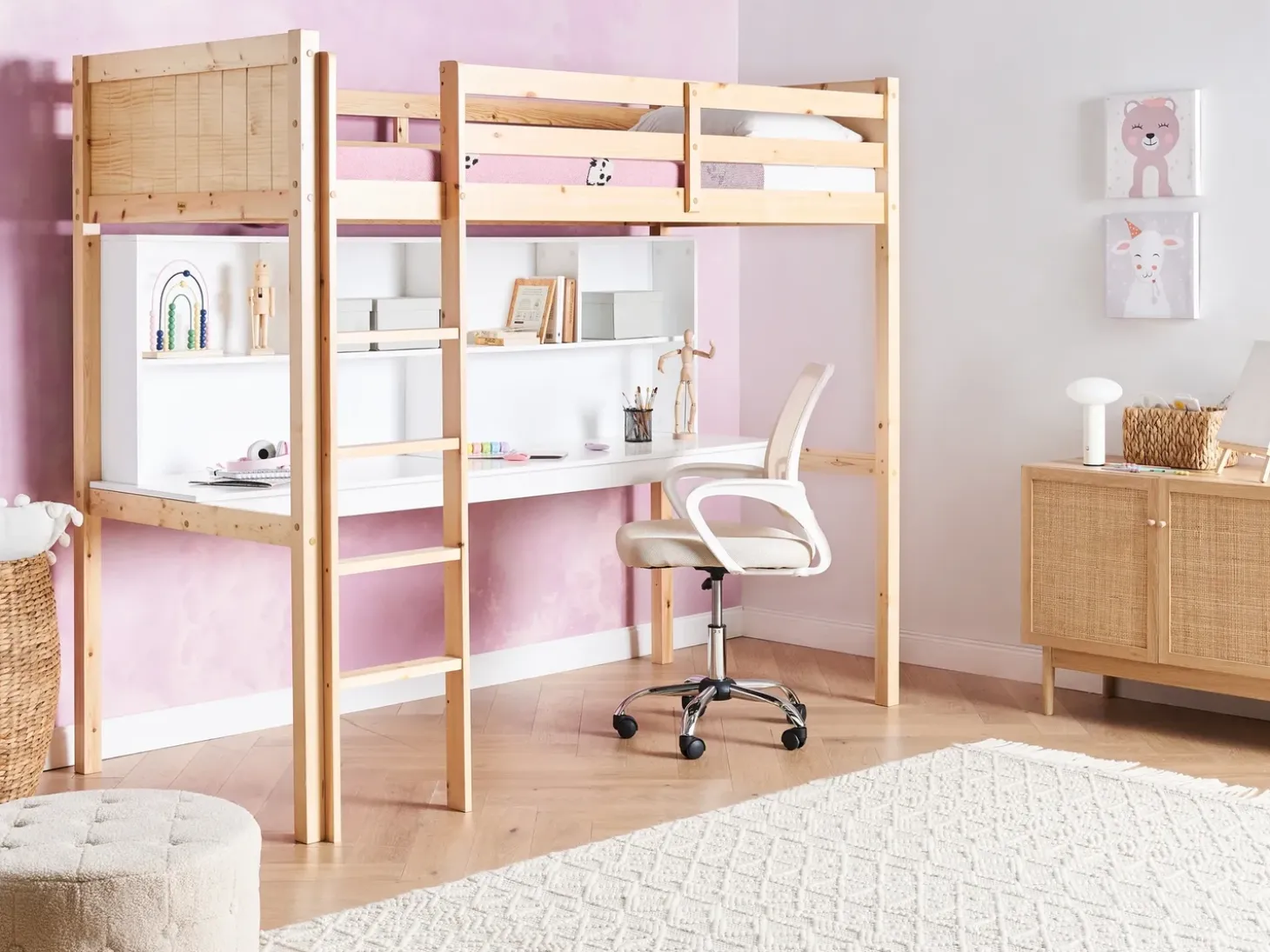 Clearance Łóżko na antresoli z biurkiem Drewno sosnowe FOUCAMONT 90 x 200 cm Jasnobrązowy Dzieci Łóżka Piętrowe|Łóżka Drewniane