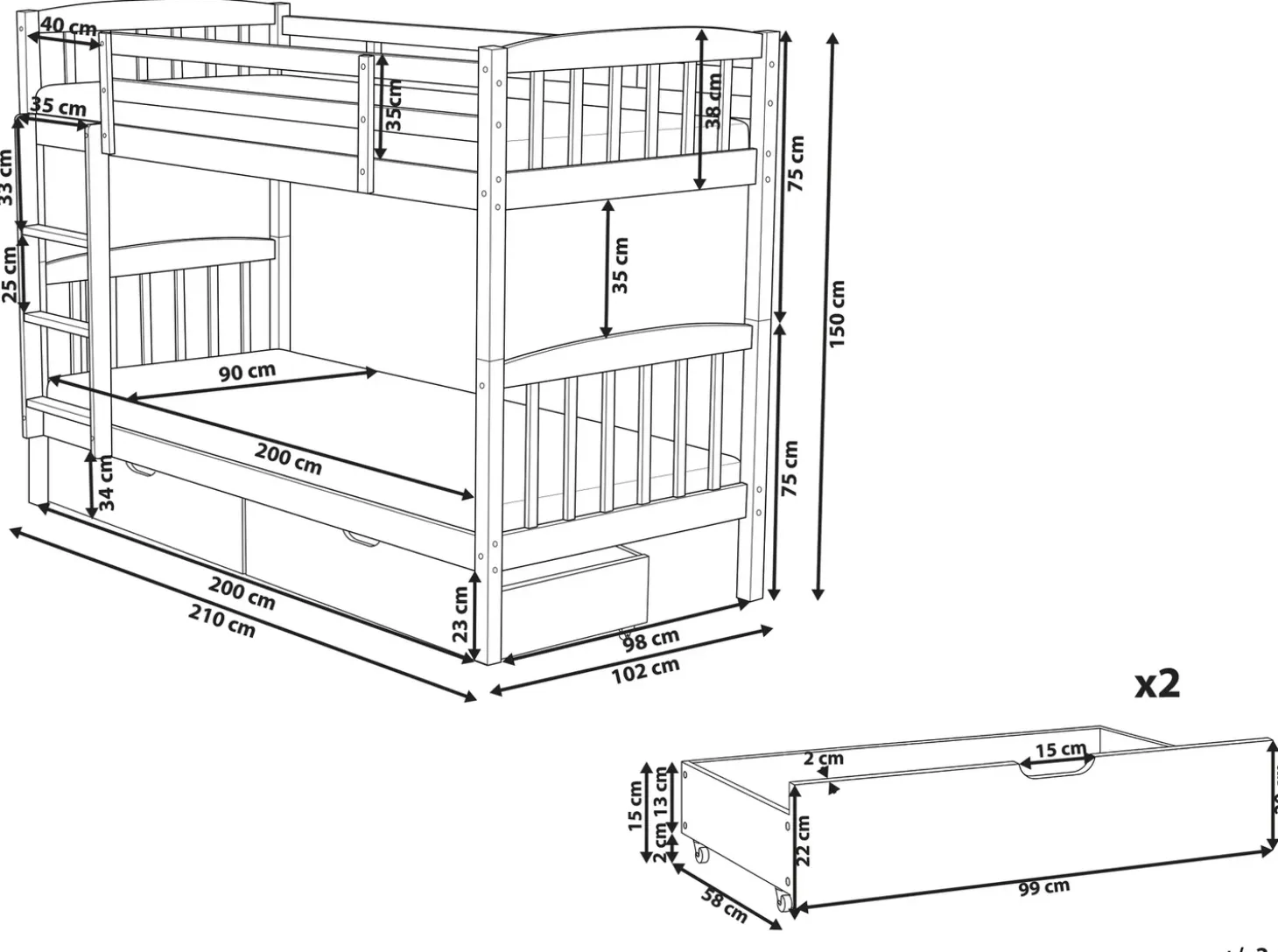 REVIN Drewno sosnowe 90 x 200 cm Dzieci Łóżka Z Pojemnikiem|Łóżka Piętrowe
