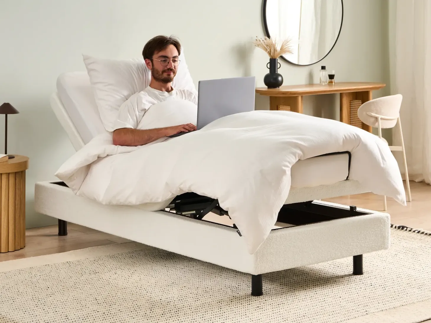 Online Łóżko regulowane bez zagłówka Boucle DUKE 90 x 200 cm Złamana biel Łóżka Tapicerowane|Łóżka Regulowane