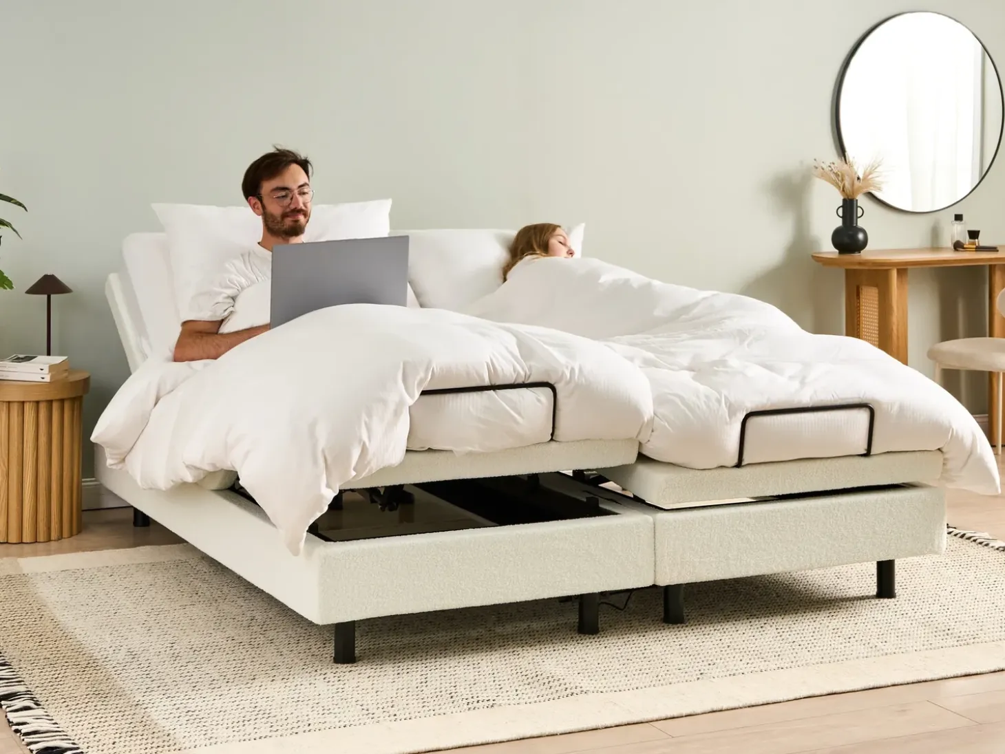 Clearance Boucle DUKE 180 x 200 cm Złamana biel Łóżka Tapicerowane|Łóżka Podwójne