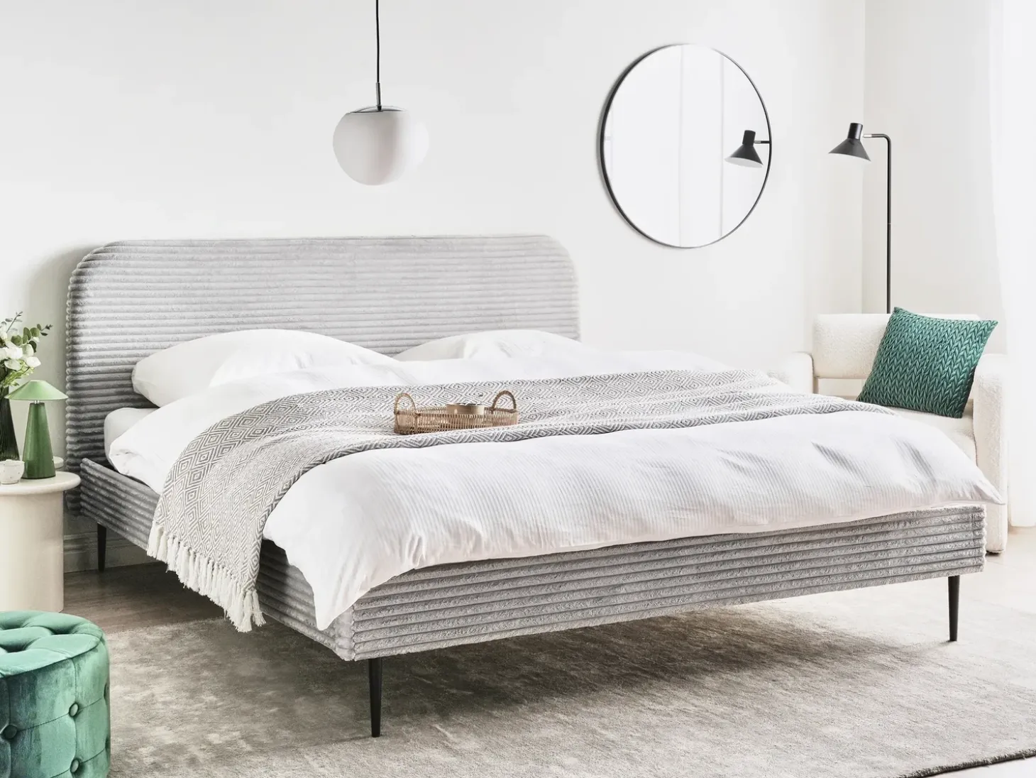 Sztruks FLAYAT 180 x 200 cm Jasnoszary Łóżka Tapicerowane|Łóżka Podwójne