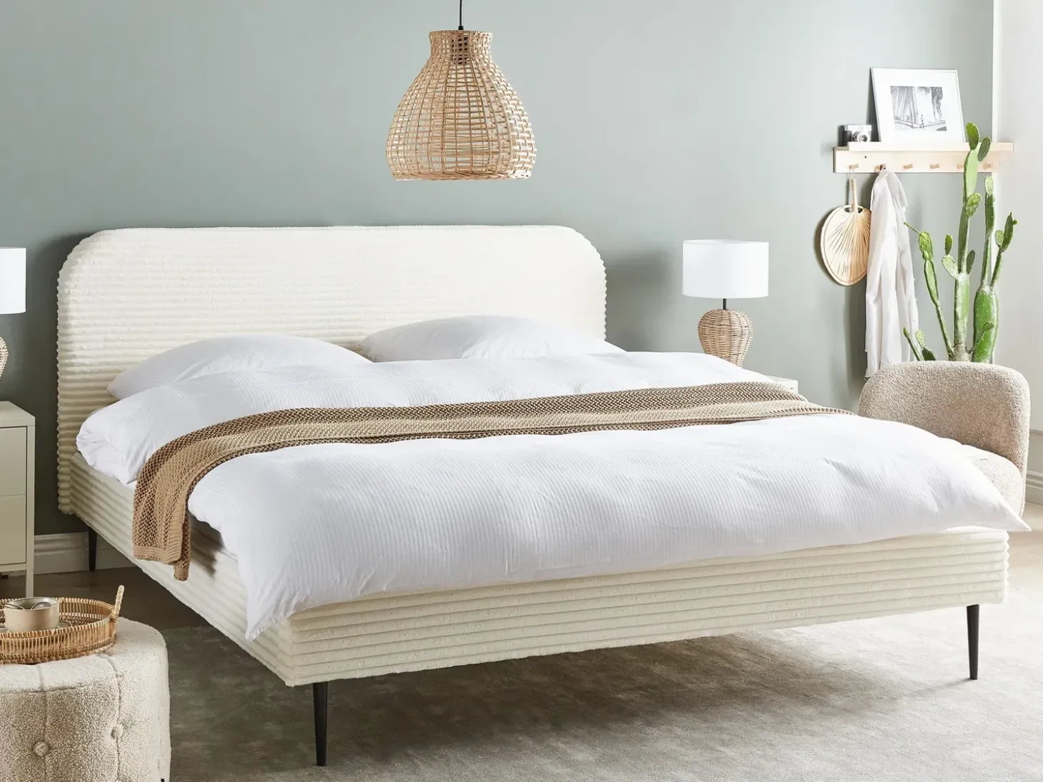 Discount Sztruks FLAYAT 180 x 200 cm Złamana biel Łóżka Tapicerowane|Łóżka Podwójne