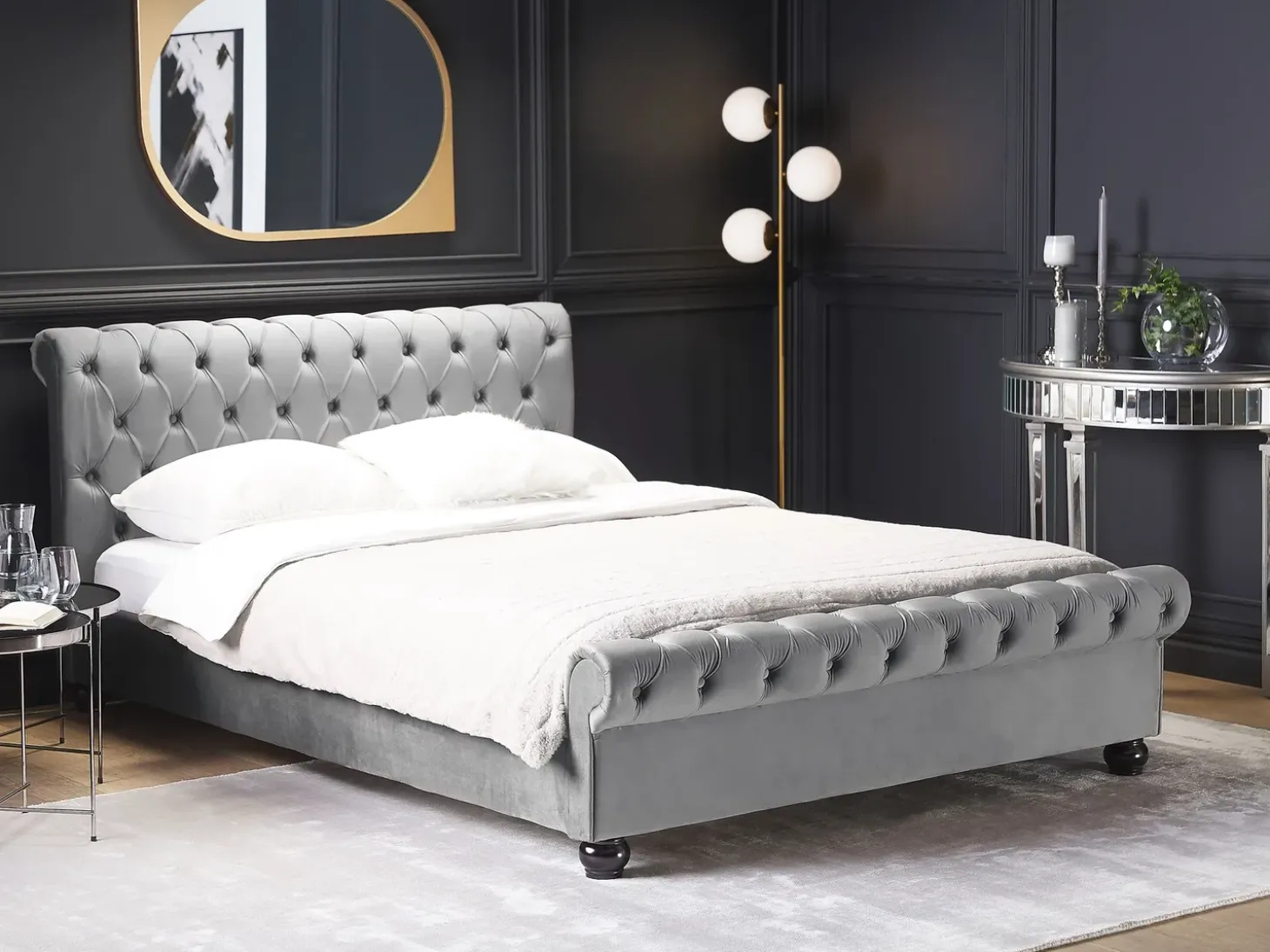 Outlet Welur AVALLON 180 x 200 cm Szary Łóżka Tapicerowane|Łóżka Podwójne