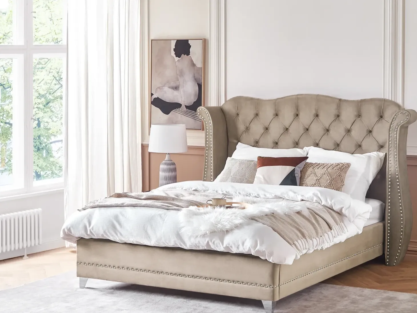 Hot Łóżko Welur AYETTE 180 x 200 cm Beżowoszary Łóżka Tapicerowane|Łóżka Podwójne