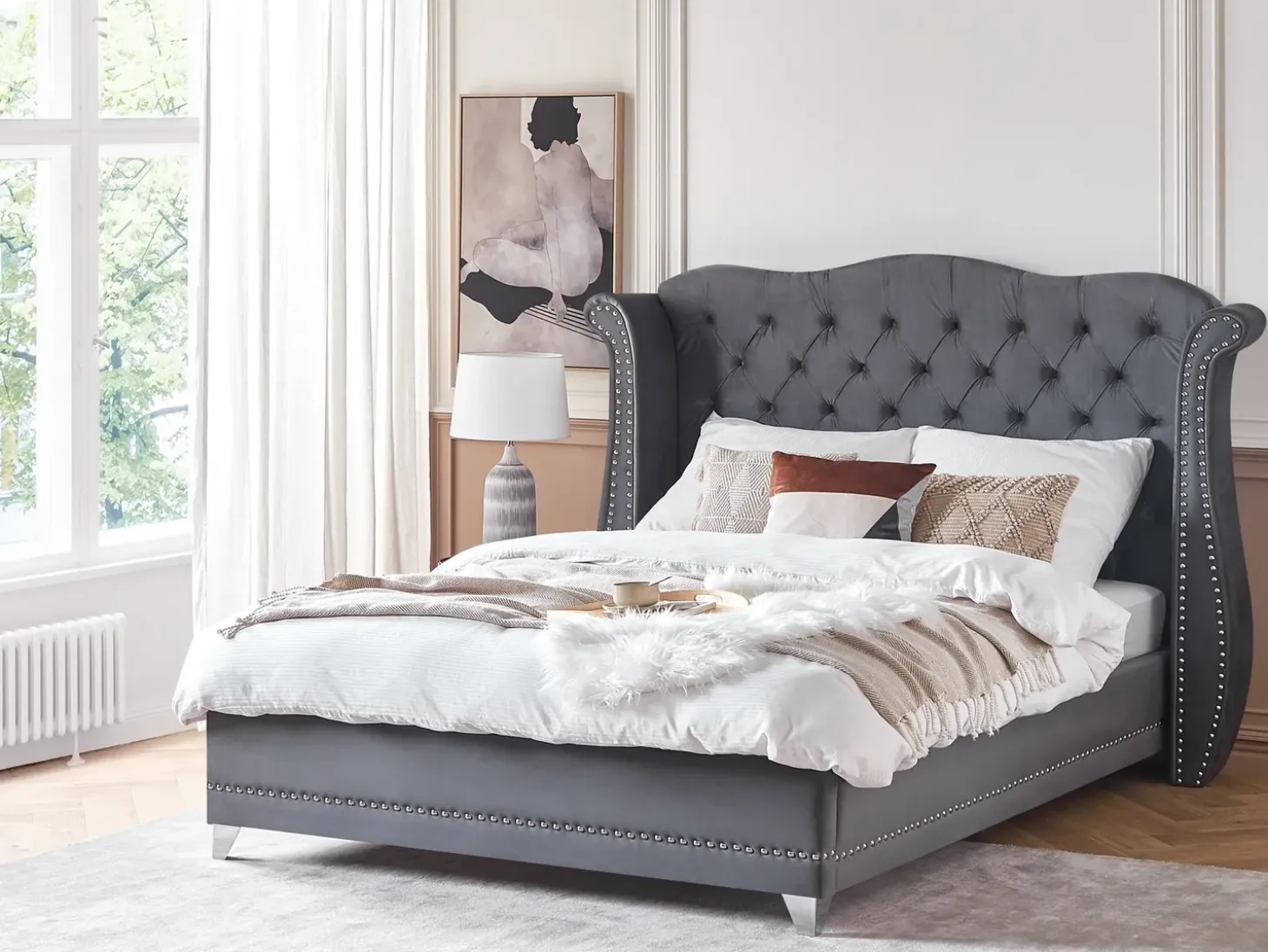 Discount Łóżko Welur AYETTE 180 x 200 cm Łóżka Tapicerowane|Łóżka Podwójne