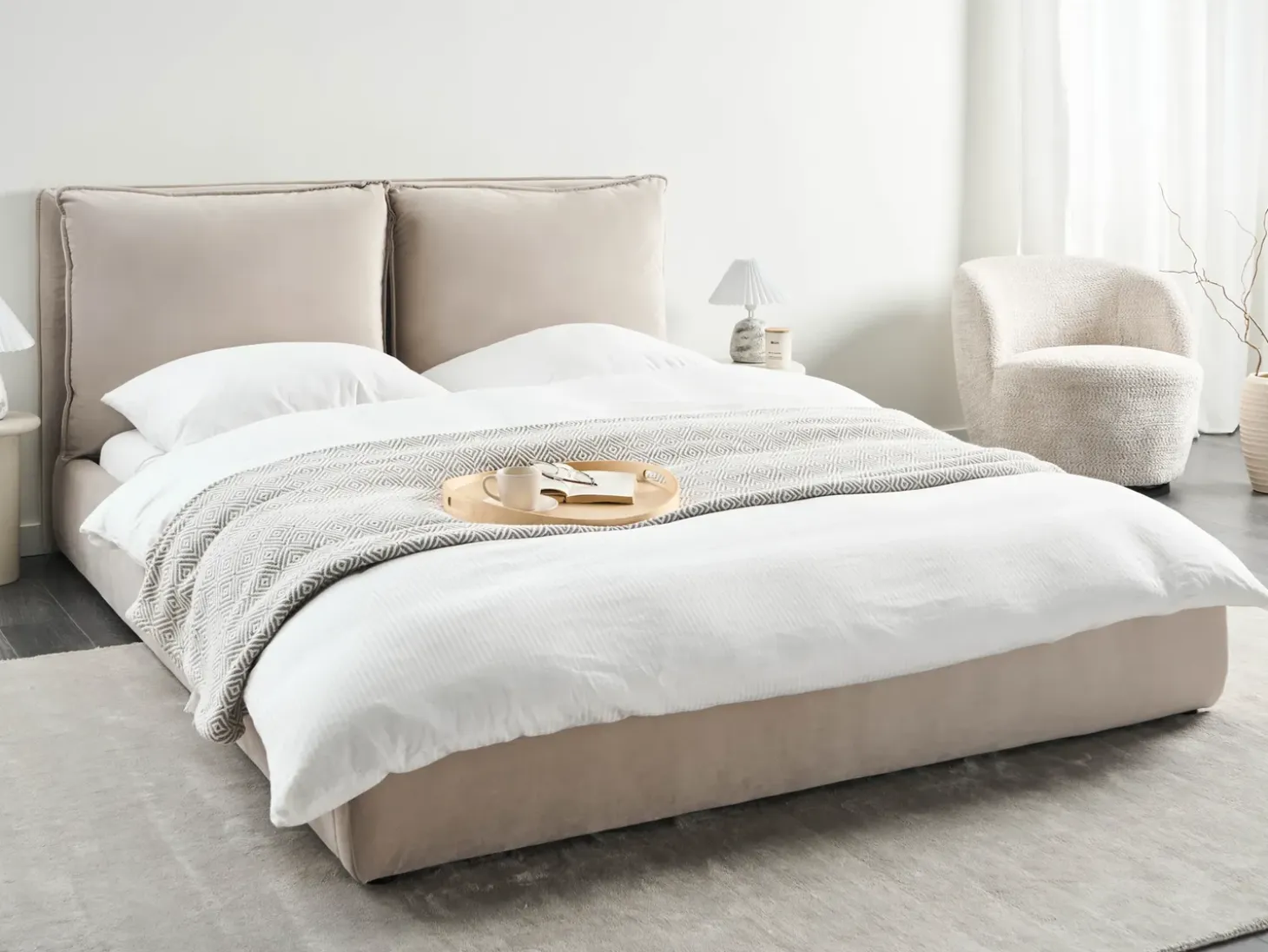Outlet Welur BAJONNA 160 x 200 cm Beżowoszary Łóżka Tapicerowane|Łóżka Podwójne
