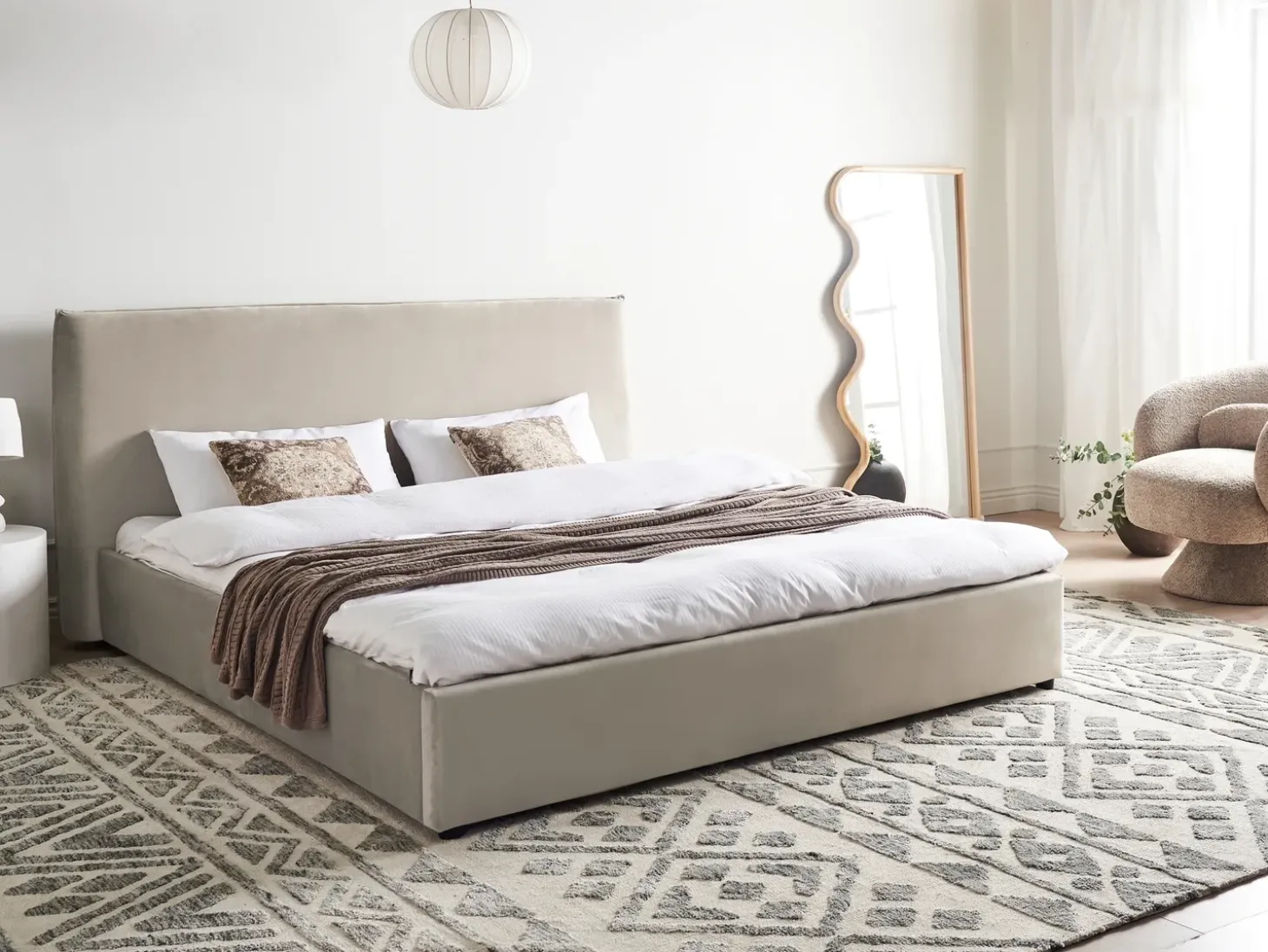 Clearance Welur LAVAUR 180 x 200 cm Beżowoszary Łóżka Tapicerowane|Łóżka Podwójne
