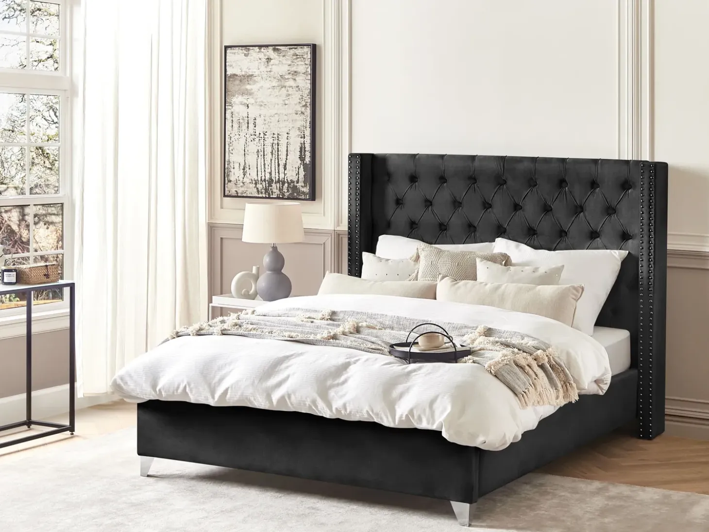 Online Welur LUBBON 160 x 200 cm Czarny Łóżka Tapicerowane|Łóżka Podwójne