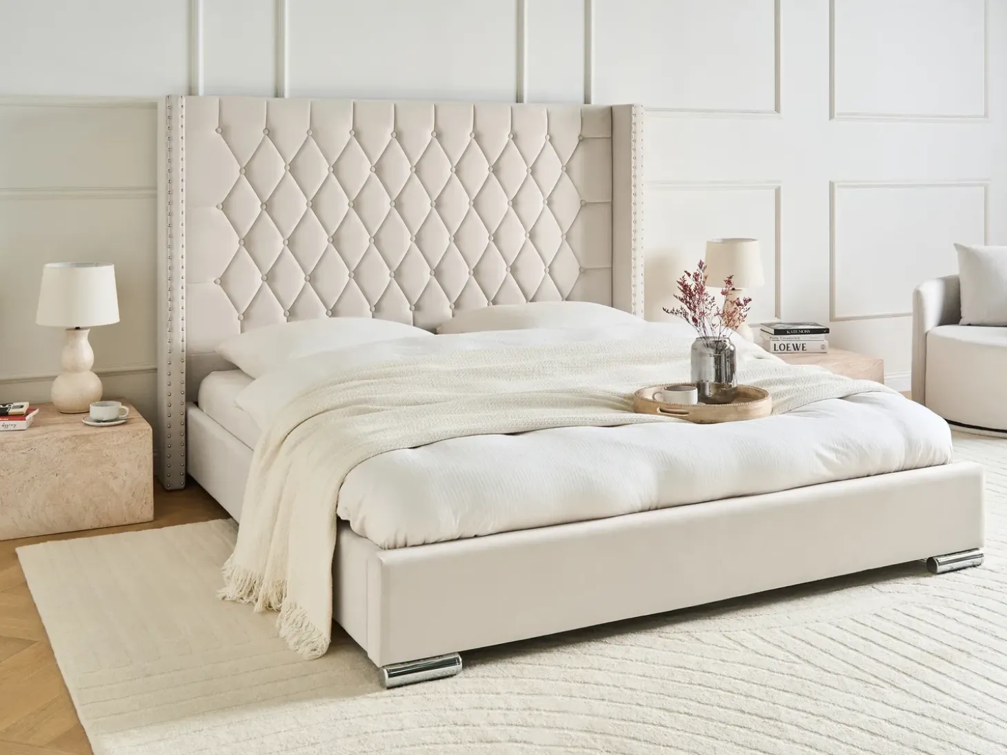 Discount Łóżko Welur LUBBON 180 x 200 cm Złamana biel Łóżka Tapicerowane|Łóżka Podwójne