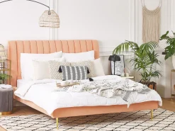 Outlet Łóżko Welur MARVILLE 180 x 200 cm Brzoskwiniowy Łóżka Tapicerowane|Łóżka Podwójne