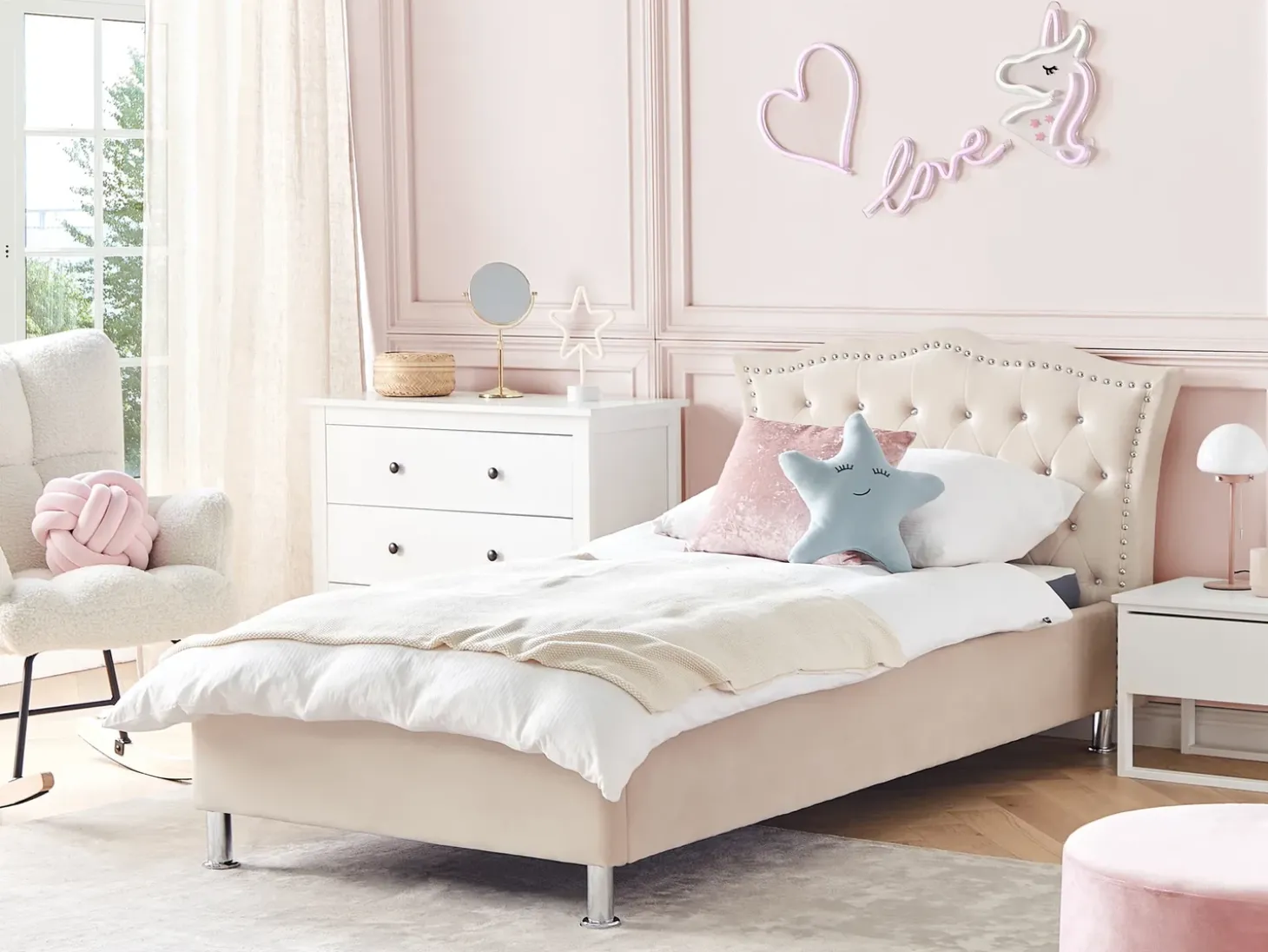 Online Welur METZ 90 x 200 cm Beżowy Dzieci Wszystkie Meble I Akcesoria Dziecięce|Łóżka Tapicerowane