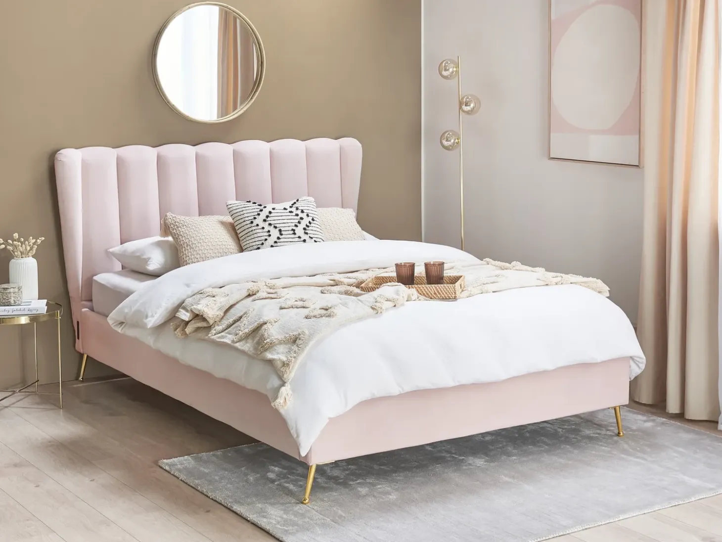 Łóżko Welur MIRIBEL 140 x 200 cm Pastelowy róż Łóżka Tapicerowane|Łóżka Podwójne